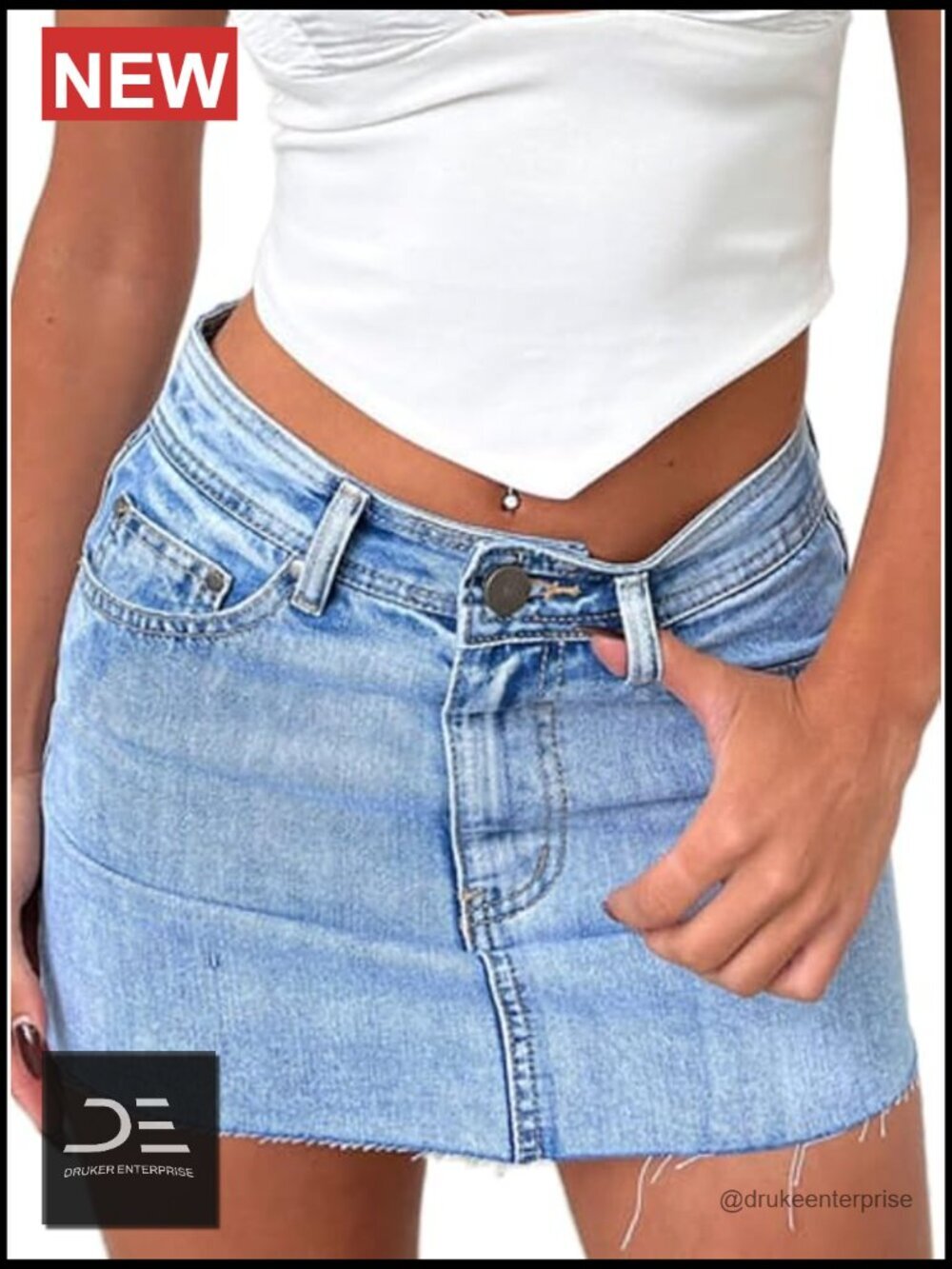 Stretch Denim Mini Skirt with Raw Hem - Fringed Slim Fit Bodycon